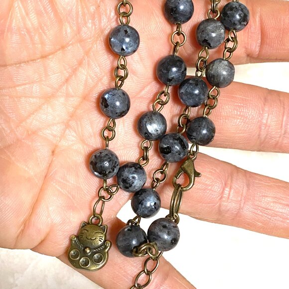 Natural Dark Larvikite Necklace, Bronze Fortune Cat + Genuine Gemstone Choker - Picture 14 of 14